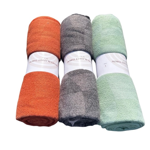 Set of 3 Cozy Orange, Green, and Gray Throw Blankets - Picture 2 of 8